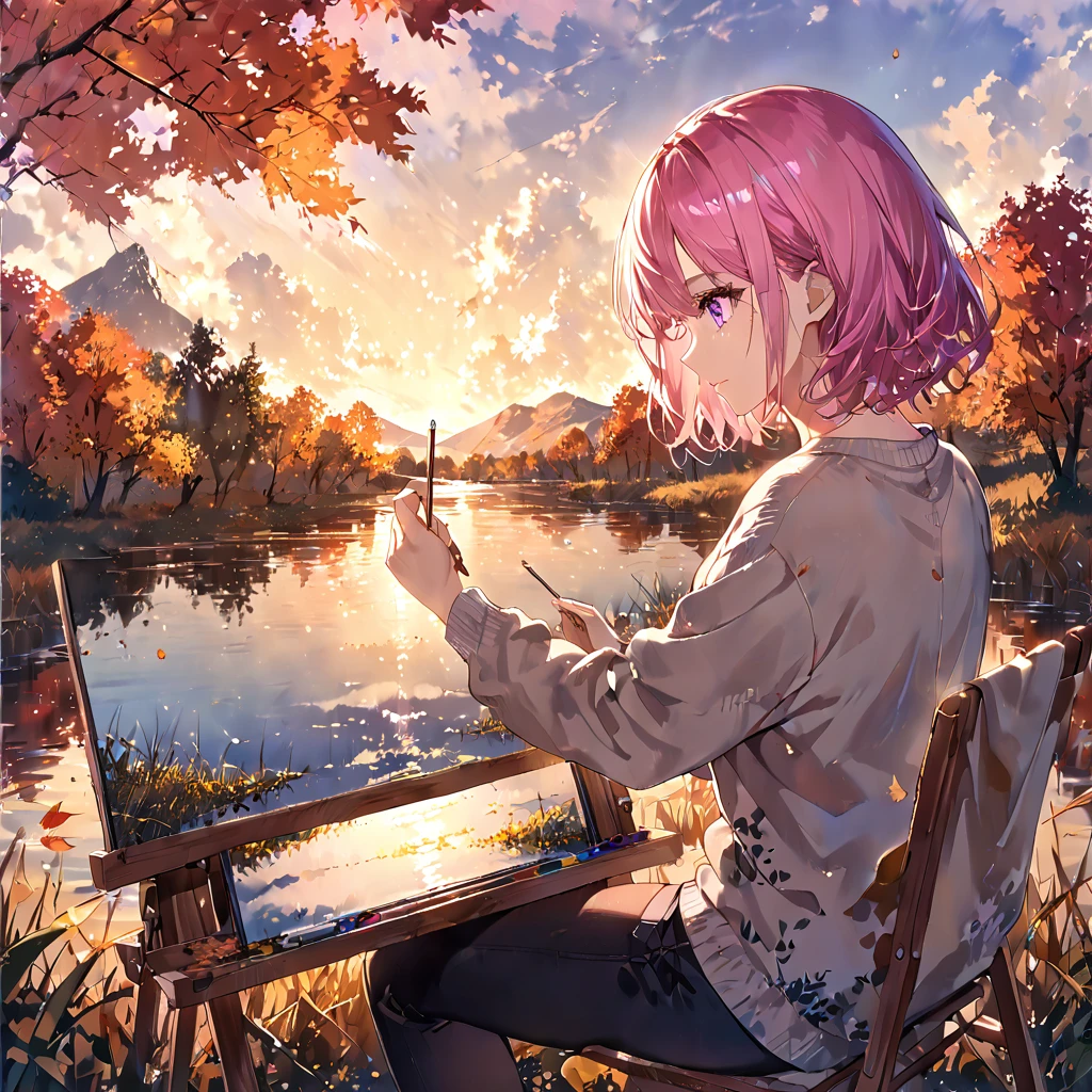 A 1 woman painting a double exposure of a canvas and cardigan. Pink hair, short hair, purple eyes, cardigan, sitting on a camping chair, large canvas and easel. Double exposure of canvas and cardigan, autumn landscape, riverbank. The detailed background, the glow of the skin, the gentle sunlight, the detailed writing on the painting, and the attractive angle.