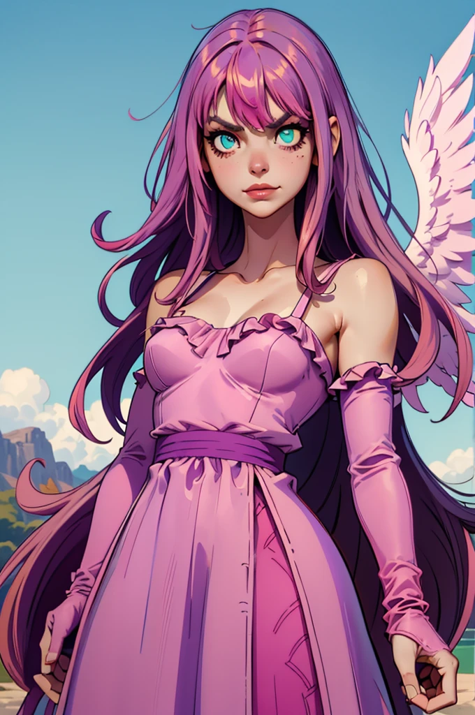 (mejor calidad, Obra maestra), mirando abajo, viento, Partícula, parte superior del cuerpo, 1 girl, ((angel wings)), ((pink skin)), red lips, medium hair, (((loose hair))), (((two colors hair))), ((lilac and purple hair)), ((heterochromia: green left eye, blue right eye)), medium breast, (((very pink clothes))), (pink gloves), ((pink peasant dress)), long dress, frowning, ((insane face angry)), fringe hair, (smiling), hair bangs