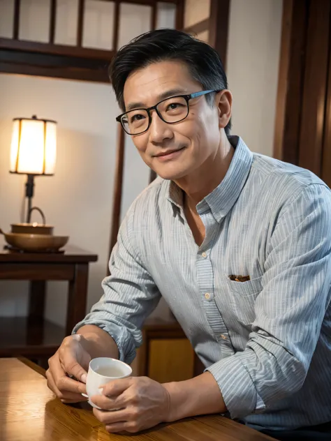 A middle-aged man about 60 years old, Asian, Taiwanese, very ordinary Taiwanese uncle, (((wearing glasses))), (very short hair), ((wrinkles on face)), smiling, kind middle-aged man, gentle, is making tea, traditional making tea, traditional Chinese making tea, in a traditional teahouse, he loves making tea very much, yellowish light, wearing ordinary striped shirt, very ordinary uncle