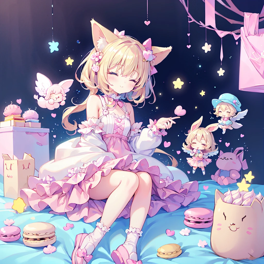 One Girl, Chibi、cute、Chibi、色とりどりの重なったMacaroonsクッションの間にねむっているChibi女の子、Small stuffed rabbit, Costumes, albino, Close your eyes, :3, Sleeping Peace, Marshmallow Bed、Heartwarming、Cute and relaxed、kind、Fluffy、Macaroons、Pastel colors、Heartwarming、Too cute,kawaii tech,cupid tech,