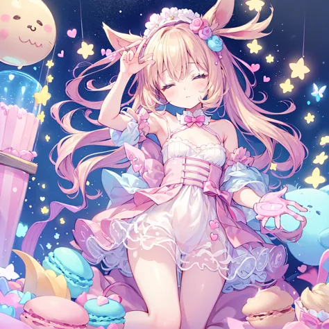 one girl, chibi、cute、chibi、色とりどりの重なったmacaroonsクッションの間にねむっているchibi女の子、small stuffed rabbit, costumes, albino, close your eyes,  s...