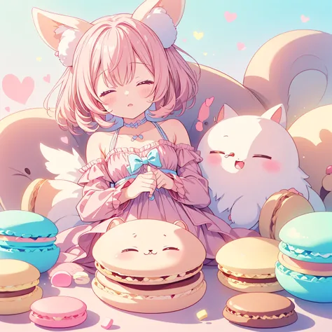 one girl, chibi、cute、chibi、色とりどりの重なったmacaroonsクッションの間にねむっているchibi女の子、small stuffed rabbit, costumes, albino, close your eyes,  s...