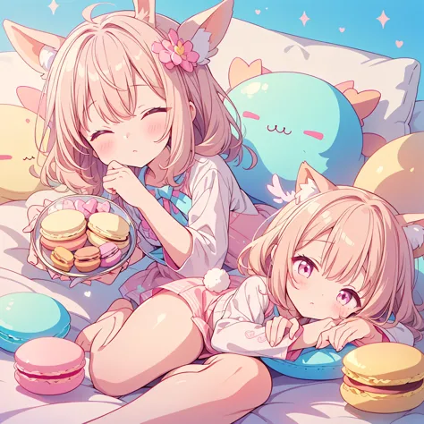 one girl, chibi、cute、chibi、色とりどりの重なったmacaroonsクッションの間にねむっているchibi女の子、small stuffed rabbit, costumes, sleeping peace, marshmallow...