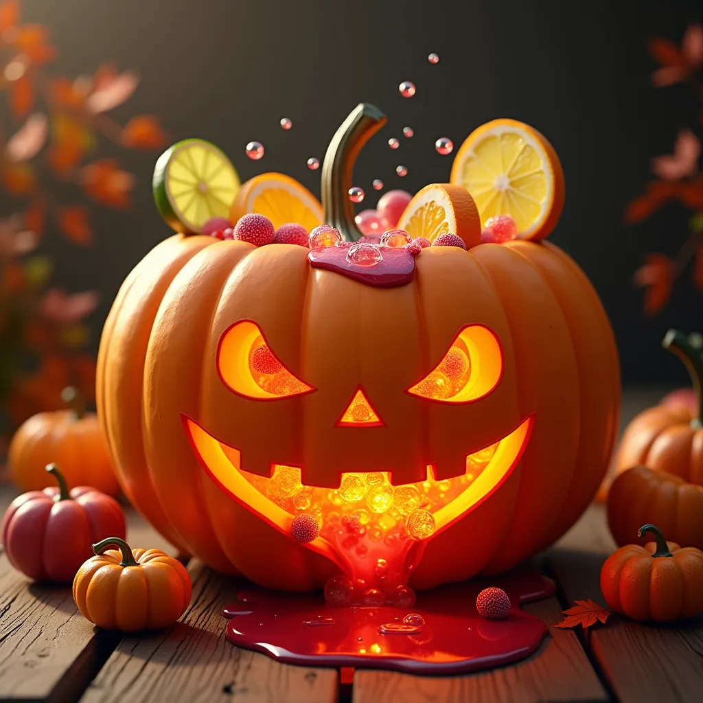 A fresh and delicious looking fruit punch served in a jack-o'-lantern