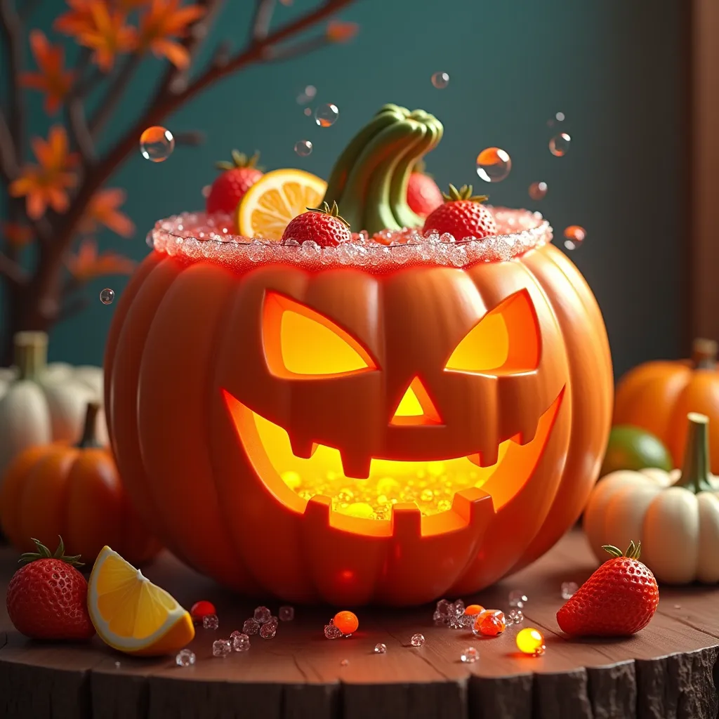 A fresh and delicious looking fruit punch served in a jack-o'-lantern