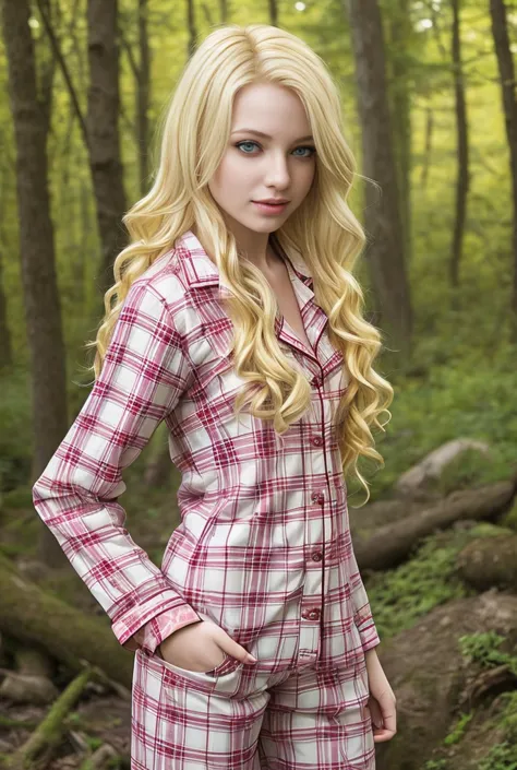 blonde young woman wears plaid pajamas, her body stands out as does her hair, nature abounds around