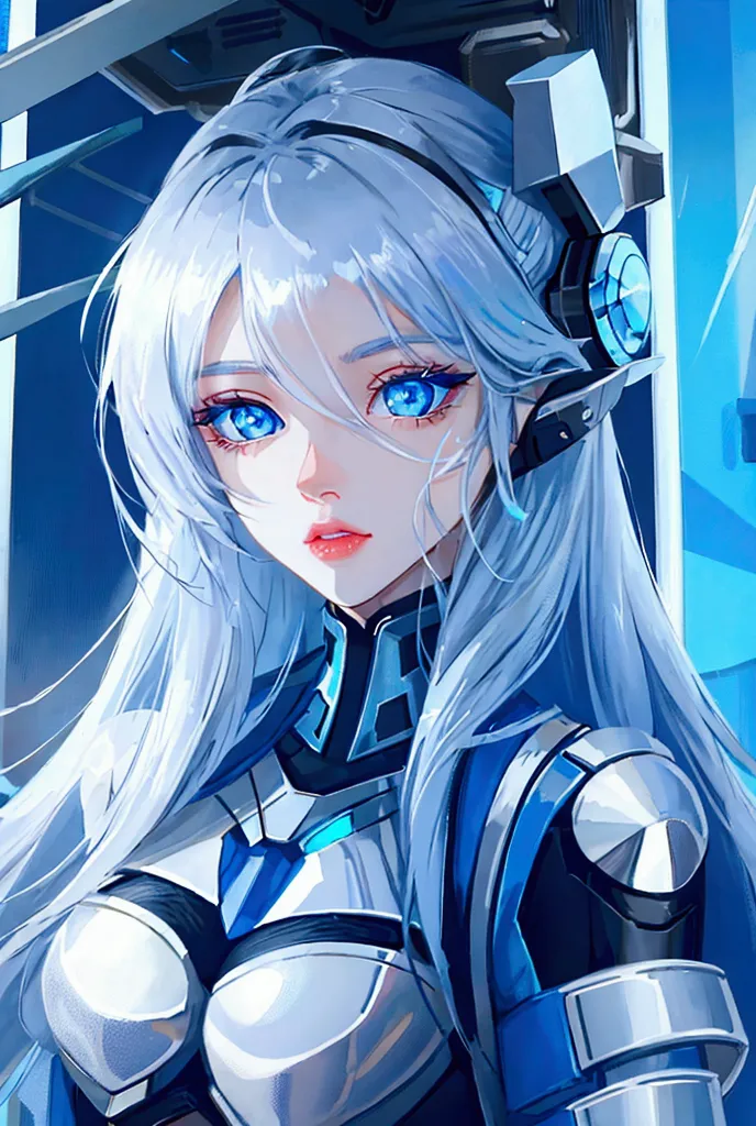 a close-up of a woman with blue eyes and a futuristic look., cyborg - girl with silver hair, crystal blue eyes, awesome anime fa...