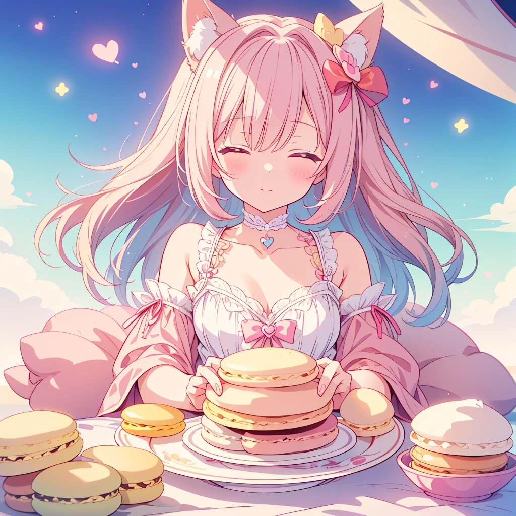 One Girl, Chibi、cute、Chibi、色とりどりの重なったMacaroonsクッションの間にねむっているChibi女の子、Sleeping Peace, Marshmallow Bed、Heartwarming、Cute and relaxed、kind、Fluffy、Macaroons、Pastel colors、Heartwarming、Too cute,kawaii tech,cupid tech,