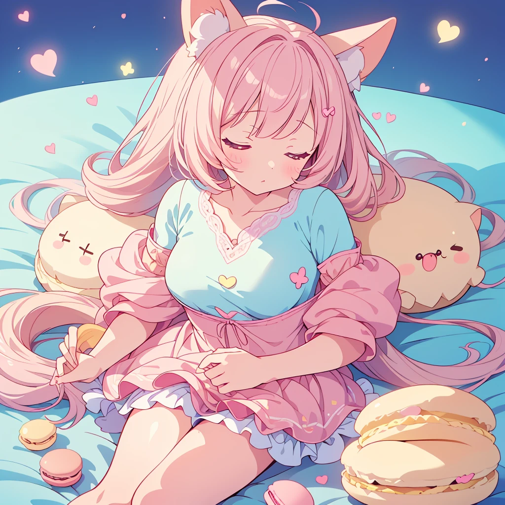 One Girl, Chibi、cute、Chibi、色とりどりの重なったMacaroonsクッションの間にねむっているChibi女の子、Sleeping Peace, Marshmallow Bed、Heartwarming、Cute and relaxed、kind、Fluffy、Macaroons、Pastel colors、Heartwarming、Too cute,kawaii tech,cupid tech,