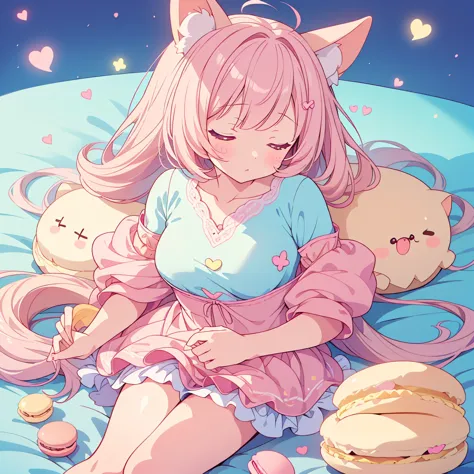 one girl, chibi、cute、chibi、色とりどりの重なったmacaroonsクッションの間にねむっているchibi女の子、sleeping peace, marshmallow bed、heartwarming、cute and relax...