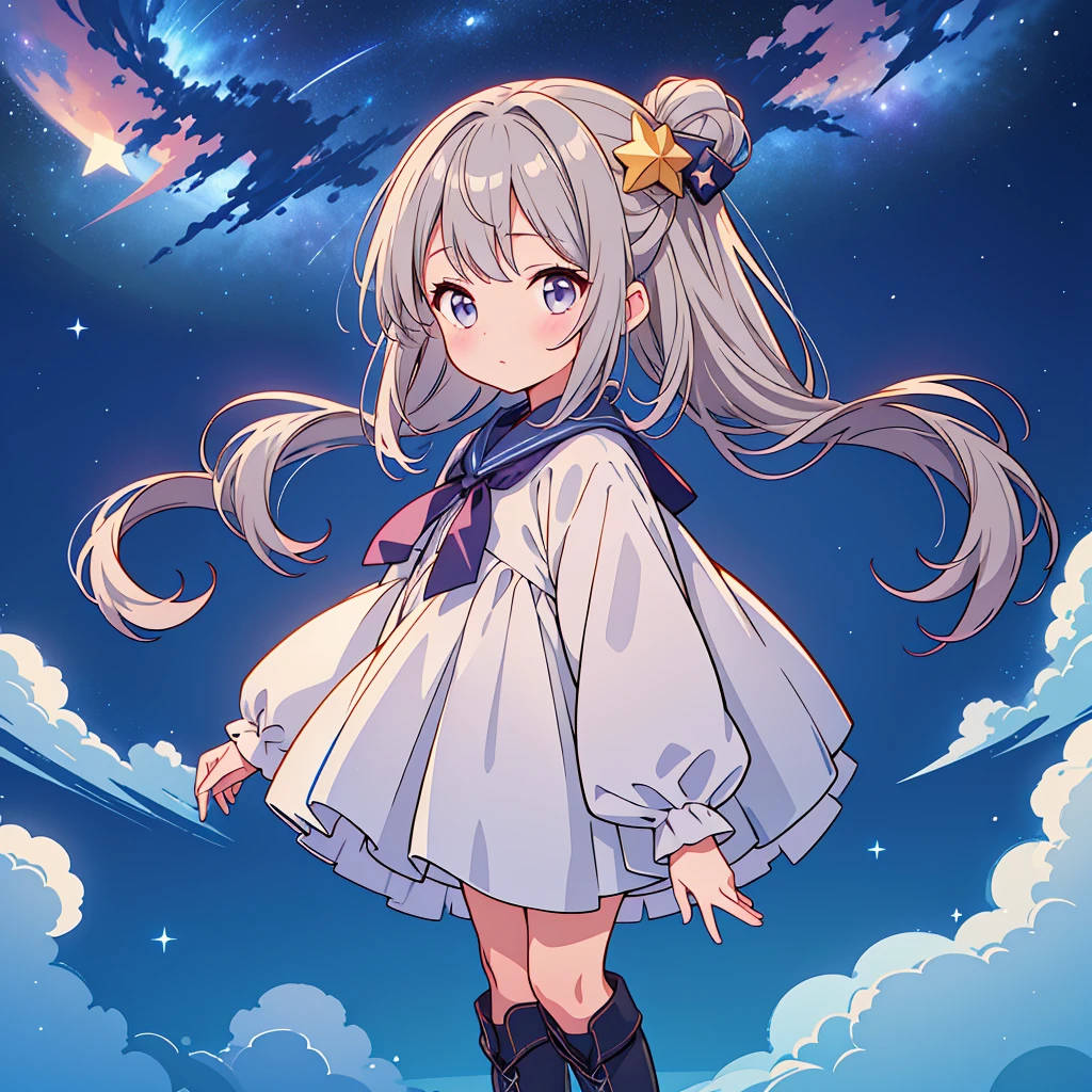 starの妖精、Full body Front portrait、Front、One girl,Best Quality、masterpiece、Official Art、Super detailed、Very beautiful、Cute starの妖精、Gray Hair、Straight long hair、milky way、universe、star charm、star、baby face、Knee-high boots、Giant stuffed teddy bear