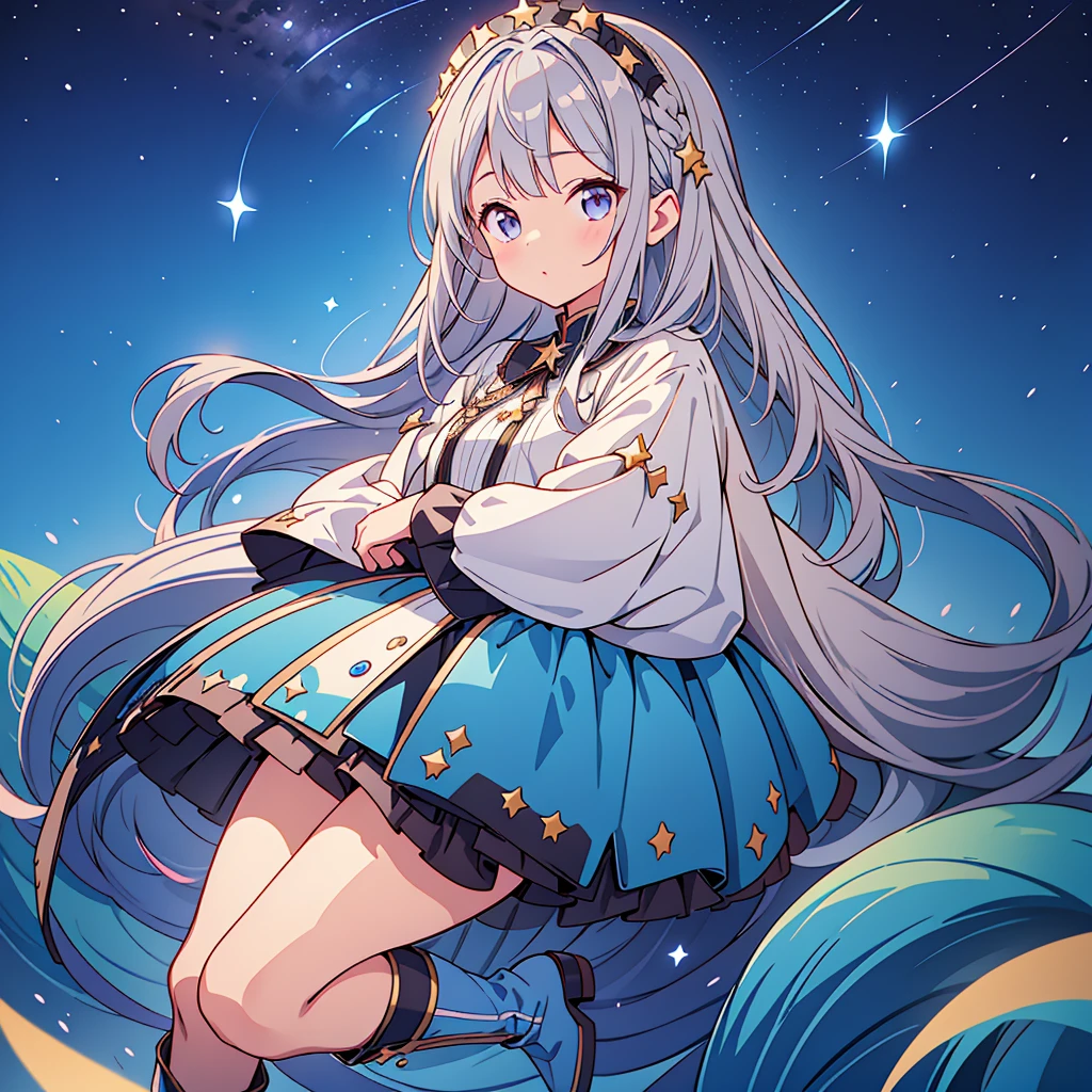 starの妖精、Full body Front portrait、Front、One girl,Best Quality、masterpiece、Official Art、Super detailed、Very beautiful、Cute starの妖精、Gray Hair、Straight long hair、milky way、universe、star charm、star、baby face、Knee-high boots、Giant stuffed teddy bear