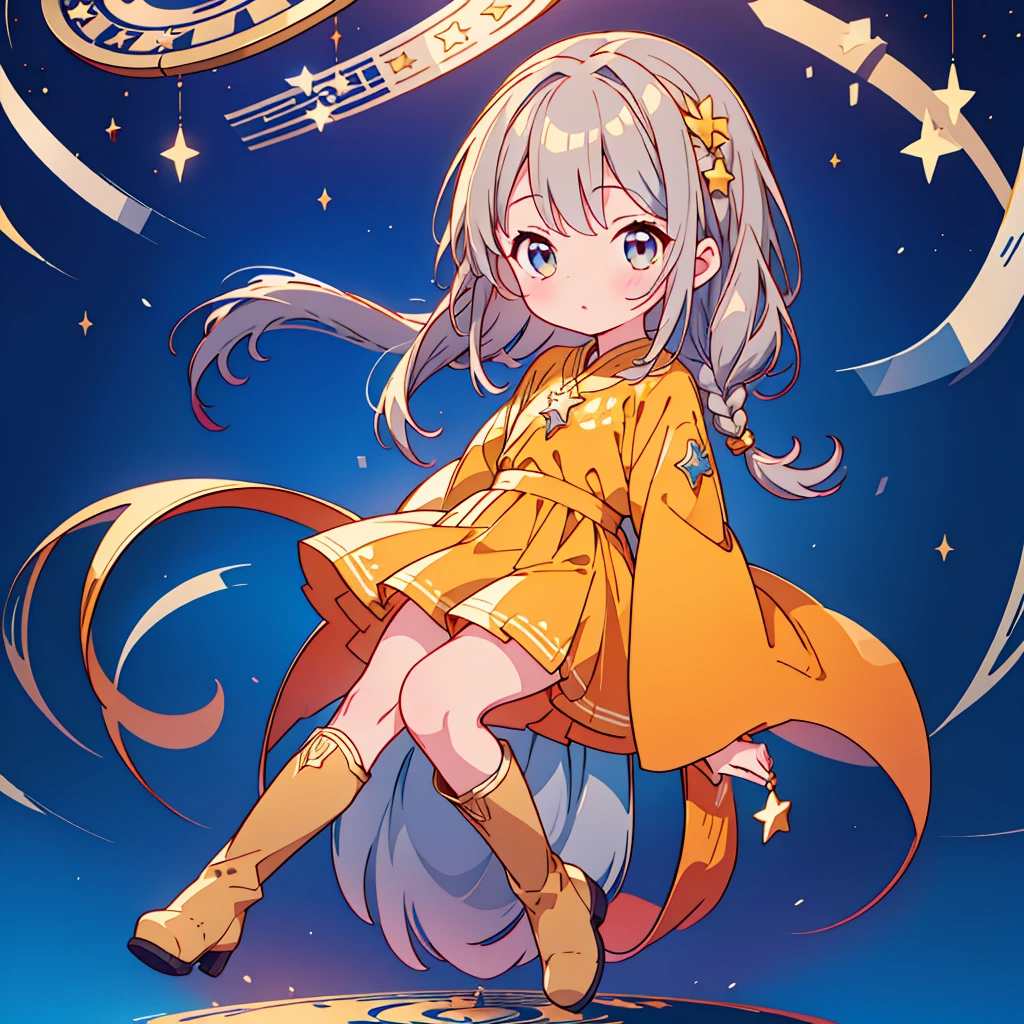 starの妖精、The best composition、Best Quality、Masterpiece、Golden Ratio、Full body Front portrait、Front、One girl,Best Quality、masterpiece、Official Art、Super detailed、Very beautiful、Cute starの妖精、Gray Hair、Straight long hair、milky way、universe、star charm、star、baby face、Knee-high boots、Giant stuffed teddy bear,magic circle