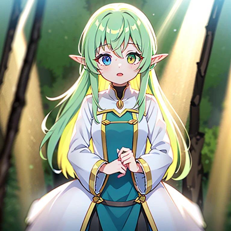 Cowboy Shot, One girl, Elf Girl, (Heterochromia iridis:1.2), Green Eyes, Yellow Eyes, Beautiful Eyes, Mint Hair, Long Hair, Straight Hair, Pretty lips, White tunic, Forest Background, sun rays, (masterpiece, Best Quality), Font lighting, Bright colors, Vibrant