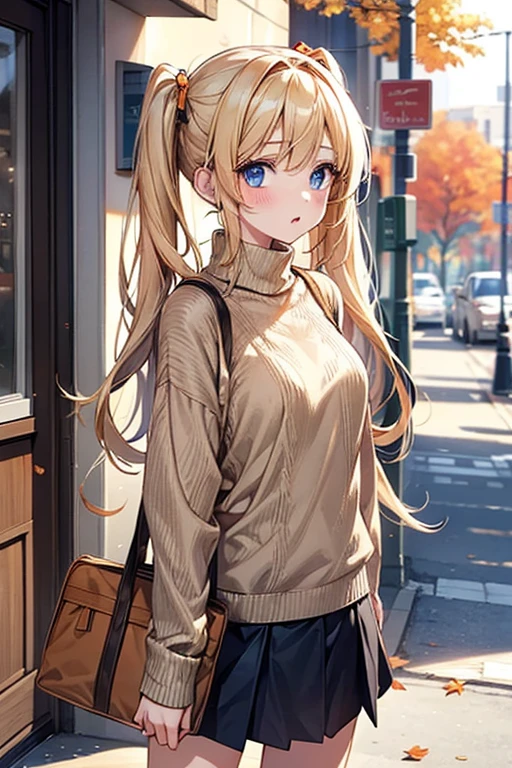 Beautiful girl。Blonde long twin tails。blue eyes。Small breasts。Autumn fashion girl illustration。The character is wearing a warm-colored knit sweater and skirt, creating an autumnal look.。In the background, a street corner with falling leaves spreads out.、The calming orange and brown tones create an overall autumn feel.。