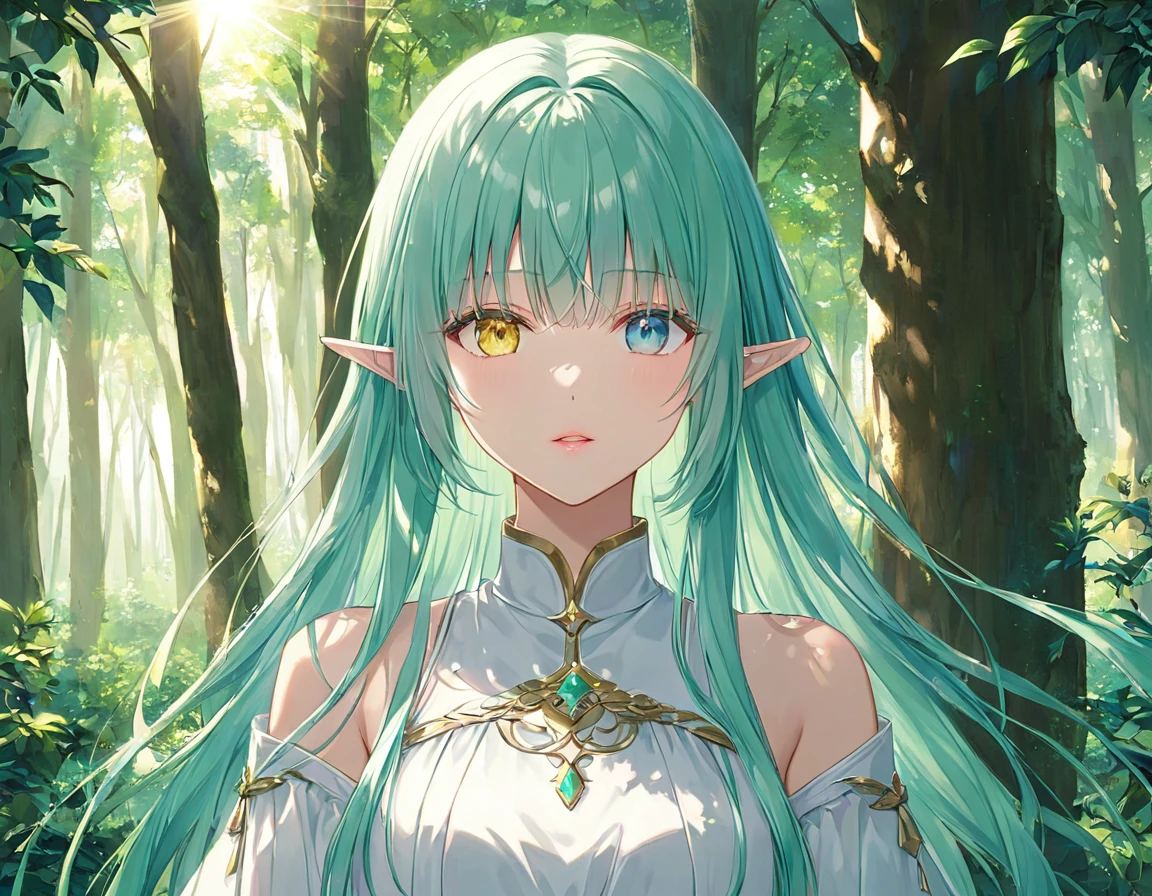 Cowboy Shot, One girl, Elf Girl, (Heterochromia iridis:1.2), Green Eyes, Yellow Eyes, Beautiful Eyes, Mint Hair, Long Hair, Straight Hair, Pretty lips, White tunic, Forest Background, sun rays, (masterpiece, Best Quality), Font lighting, Bright colors, Vibrant