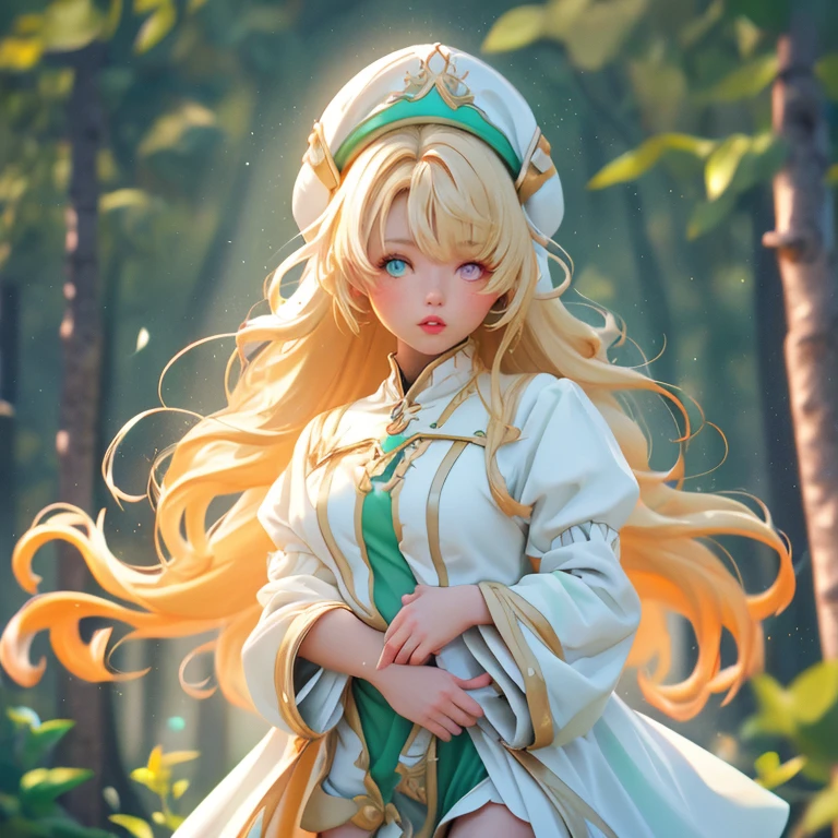 Cowboy Shot, One girl, Elf Girl, (Heterochromia iridis:1.2), Green Eyes, Yellow Eyes, Beautiful Eyes, Mint Hair, Long Hair, Straight Hair, Pretty lips, White tunic, Forest Background, sun rays, (masterpiece, Best Quality), Font lighting, Bright colors, Vibrant