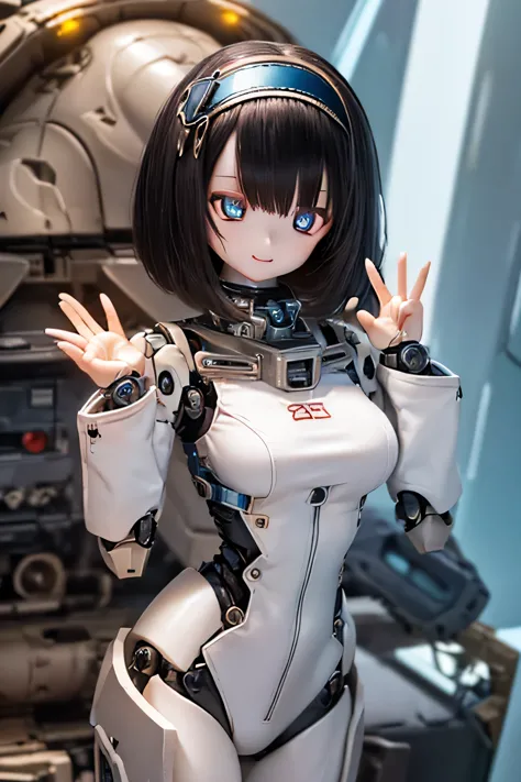 (SFW:2), photorealistic, realistic photo, 8k, Canon EOS, ((highest quality)), ((masterpiece)), (extremely detailed), kukolnydom, doll, mecha musume, mechanical parts, mechanical legs, ((robot joints)), bodysuit, (cowboy shot, spaceship room, mature woman, 23yo, 23_years_old, solo:1.6), (standing, raised hand, light smile, black hair, medium hair, hairband, medium breasts, glass eyes, shining eyes, detailed face:1.3)