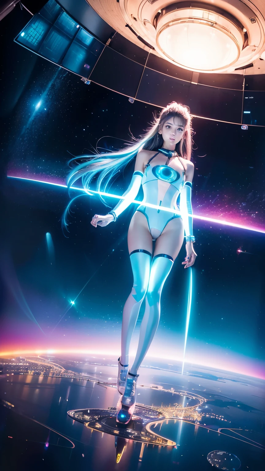 Holographic neon lights illuminate the sky、2300 AD, Futuristic artificial cityscape of the planet, Reflected in the glass of a skyscraper. ((Best Quality)), ((masterpiece)), (detailed), (High altitude photograph taken from space), Full body portrait, Unusual beautiful girl, Scandinavian girl, ((Very young)), slim, blue eyes, One small necklace, Small earrings, A shy smile, ((detailedな顔)), Yellow long hair, Attractive pose, Dynamic Movement, Natural Makeup, Pink Eyeshadow, Planet future city background, Futuristic Space, ((Space Station)), Bright spot LED lighting, A spectacular space story, ((Circuit girl standing next to a Ferrari))