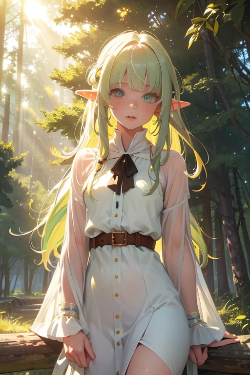 Cowboy Shot, One girl, Elf Girl, (Heterochromia iridis:1.2), Green Eyes, Yellow Eyes, Beautiful Eyes, Mint Hair, Long Hair, Straight Hair, Pretty lips, White tunic, Forest Background, sun rays, (masterpiece, Best Quality), Font lighting, Bright colors, Vibrant