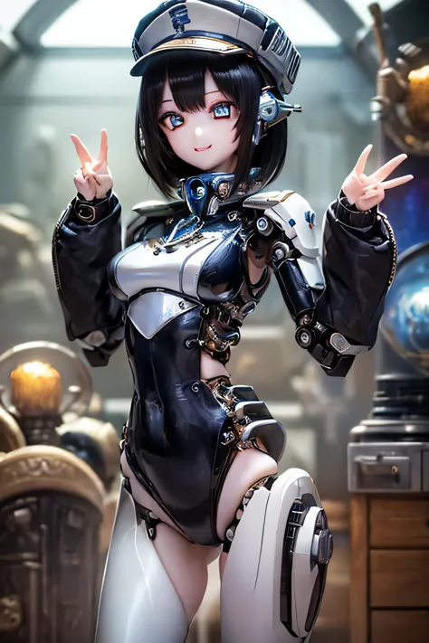 (SFW:2), photorealistic, realistic photo, 8k, Canon EOS, ((highest quality)), ((masterpiece)), (extremely detailed), kukolnydom, doll, mecha musume, mechanical parts, mechanical legs, ((robot joints)), bodysuit, (cowboy shot, spaceship room, mature woman, 23yo, 23_years_old, solo:1.6), (standing, raised hand, light smile, black hair, medium hair, cap, medium breasts, glass eyes, shining eyes, detailed face:1.3)