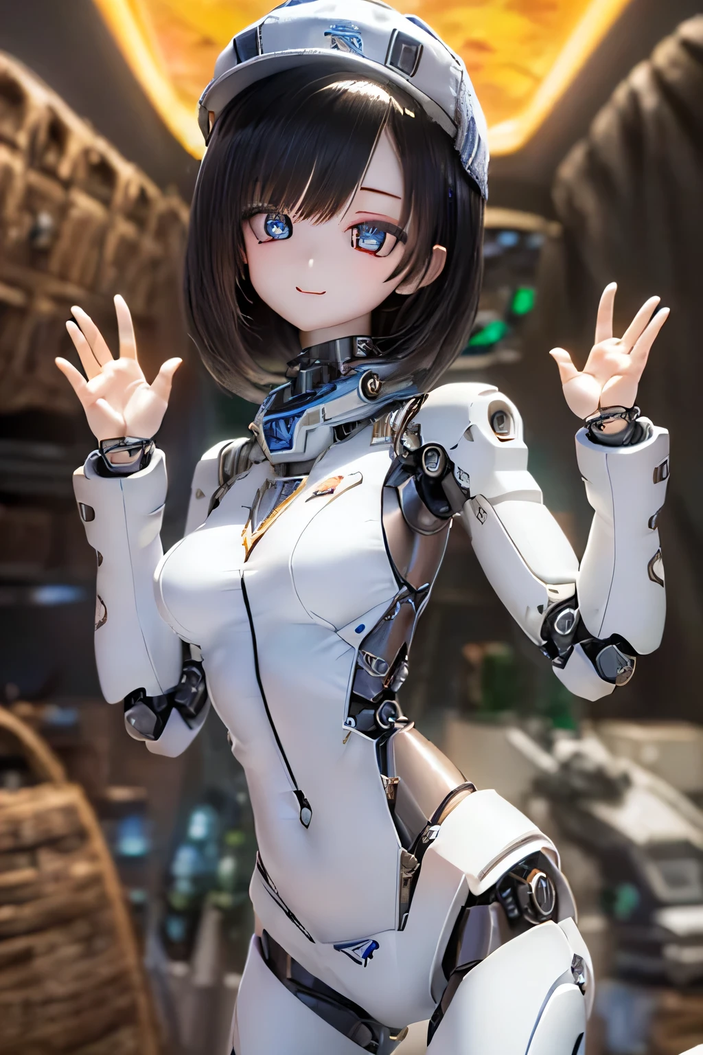 (SFW:2), photorealistic, realistic photo, 8k, Canon EOS, ((highest quality)), ((masterpiece)), (extremely detailed), kukolnydom, doll, mecha musume, mechanical parts, mechanical legs, ((robot joints)), bodysuit, (cowboy shot, spaceship room, mature woman, 23yo, 23_years_old, solo:1.6), (standing, raised hand, light smile, black hair, medium hair, cap, medium breasts, glass eyes, shining eyes, detailed face:1.3)