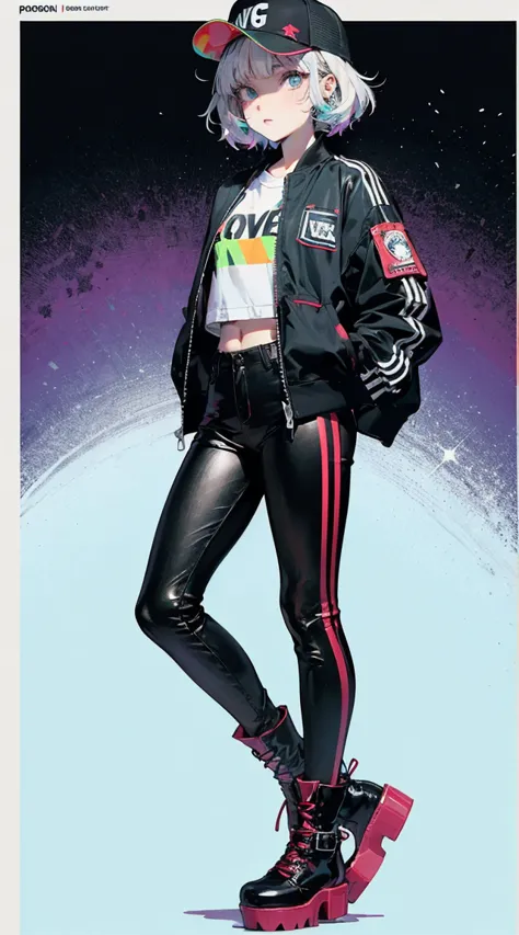 portrait, face, arms behind back, An anime girl with high-fashion streetwear, wearing a designer bomber jacket, tight leather pants, and platform boots. Her hair is styled in sleek, straight lines, and she has futuristic-looking accessories like a visor and metallic bracelets.
```
,PopArtVibes, Flat shading, Halftone, texture overlay, Retro print effect, Color block shadow,StreetwearPrincess, GangstaChic, HipHopCutie, UrbanSwag, CuteHoodStyle,sparkling eyes, crystal-clear eyes, luminous eyes, glowing neon eyes, prismatic radiant eyes, vivid rainbow-colored eyes, multi-layered iridescence