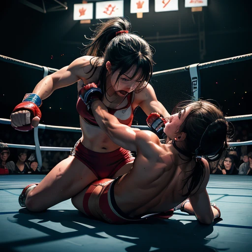 Two muscular Japanese high school girl fighters, both with defined six-pack abs and small chests, are engaged in an intense battle inside an octagon ring surrounded by metal fencing in an underground fighting arena. One fighter has her opponent pinned beneath her, straddling her and repeatedly driving her fist down in desperate, forceful punches. The fighter on the bottom is in a panic, her eyes wide with fear and desperation as she raises her hands to shield her bruised and bloodied face. Sweat pours down both fighters, their short black hair matted against their foreheads. The top fighter’s face shows sheer determination and exhaustion as she relentlessly attacks, her muscles tense with every punch. The crowd’s cheers grow louder, fueling the intensity of the brutal fight, while the fighter on the bottom struggles to defend herself. naked