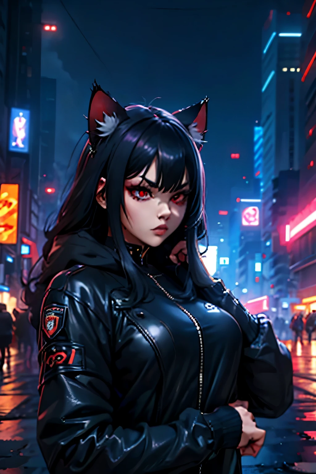 junkotvv, black hair, red eyes, cat ears, heavy blue cups, cyberpunk, Cyberpunk style, increases, cyberpunk increases, stretch, metal hands, cyber hands, police car, police car in the background, city at night, rain, heavy rain