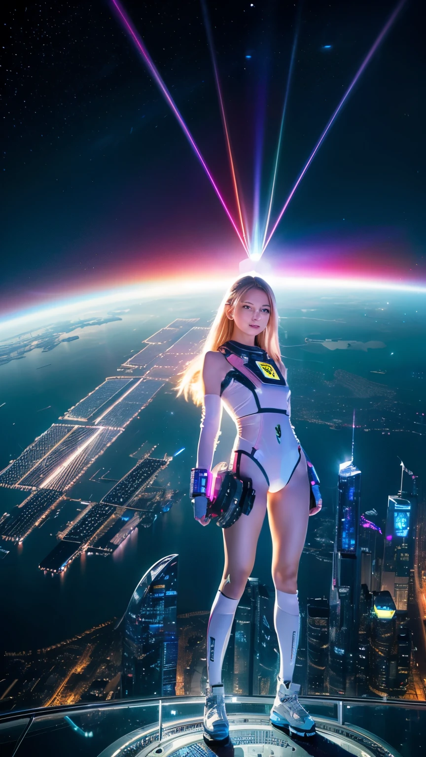 Holographic neon lights illuminate the sky、2700 A.D., Futuristic artificial cityscape of the planet, Reflected in the glass of a skyscraper. ((Best Quality)), ((masterpiece)), (detailed), (High altitude photograph taken from space), Full body portrait, Unusual beautiful girl, Scandinavian girl, ((Very young)), slim, blue eyes, One small necklace, Small earrings, A shy smile, ((detailedな顔)), Yellow long hair, Attractive pose, Dynamic Movement, Natural Makeup, Pink Eyeshadow, Planet future city background, Futuristic Space, ((Space Station)), Bright spot LED lighting, A spectacular space story, ((Circuit girl standing next to a Ferrari))