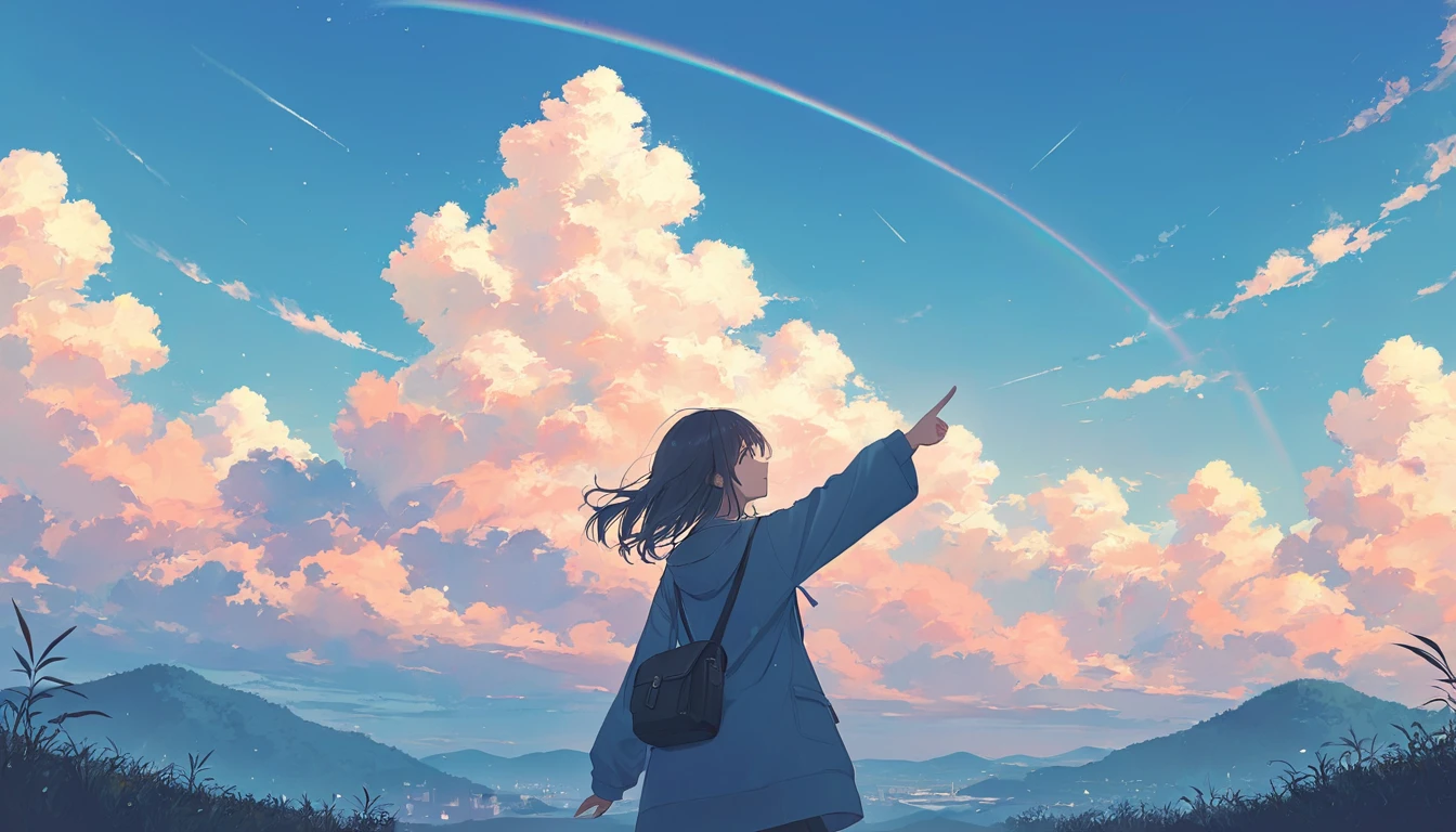 A woman pointing at the sky,Pastel colors,Standing under the blue sky,A touching scene