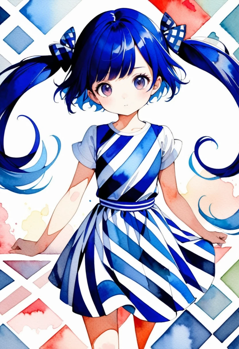 Watercolor Op Art, A short girl with blue hair and twin tails、Strong watercolor effect