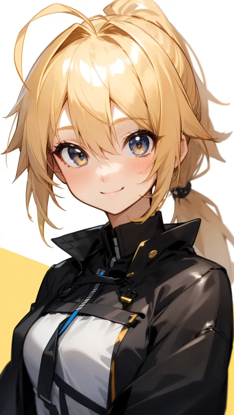 1 girl、shiny blonde hair、ahoge、ponytail、black shirt、black jacket、smile、upper body close-up、