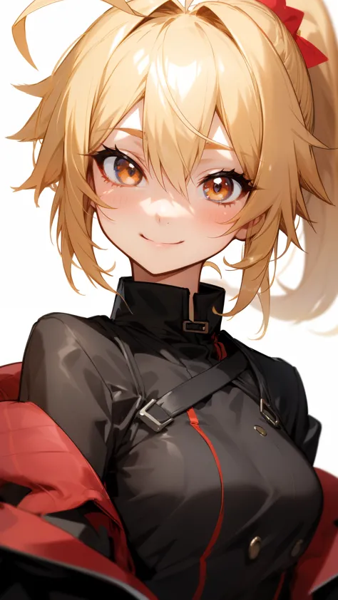 1 girl、shiny blonde hair、ahoge、ponytail、black shirt、black jacket、smile、upper body close-up、red point color