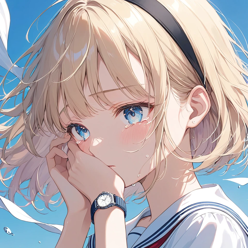 One woman,pastel,Blonde,Blowing in the Wind,Short Bob,Black headband,blue eyes,The woman covers her ears,Tears,Close-up of a crying woman,Wear a sailor uniform,Heartbreaking Scene Masterpiece,Best Quality,Exquisite,8k,Absurd,Ultra-detailed illustrations,(Watch the audience)