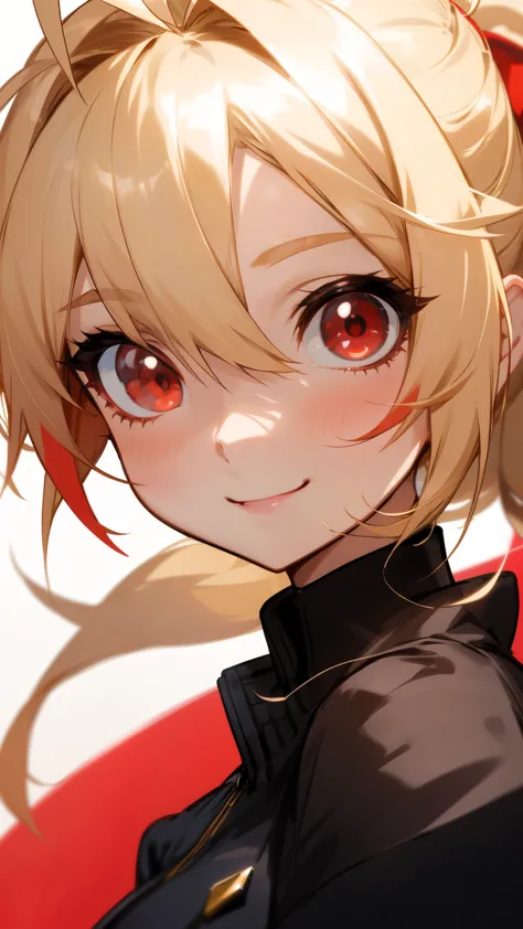 1 girl、shiny blonde hair、ahoge、ponytail、red eyes、black shirt、black jacket、smile、upper body close-up、red point color