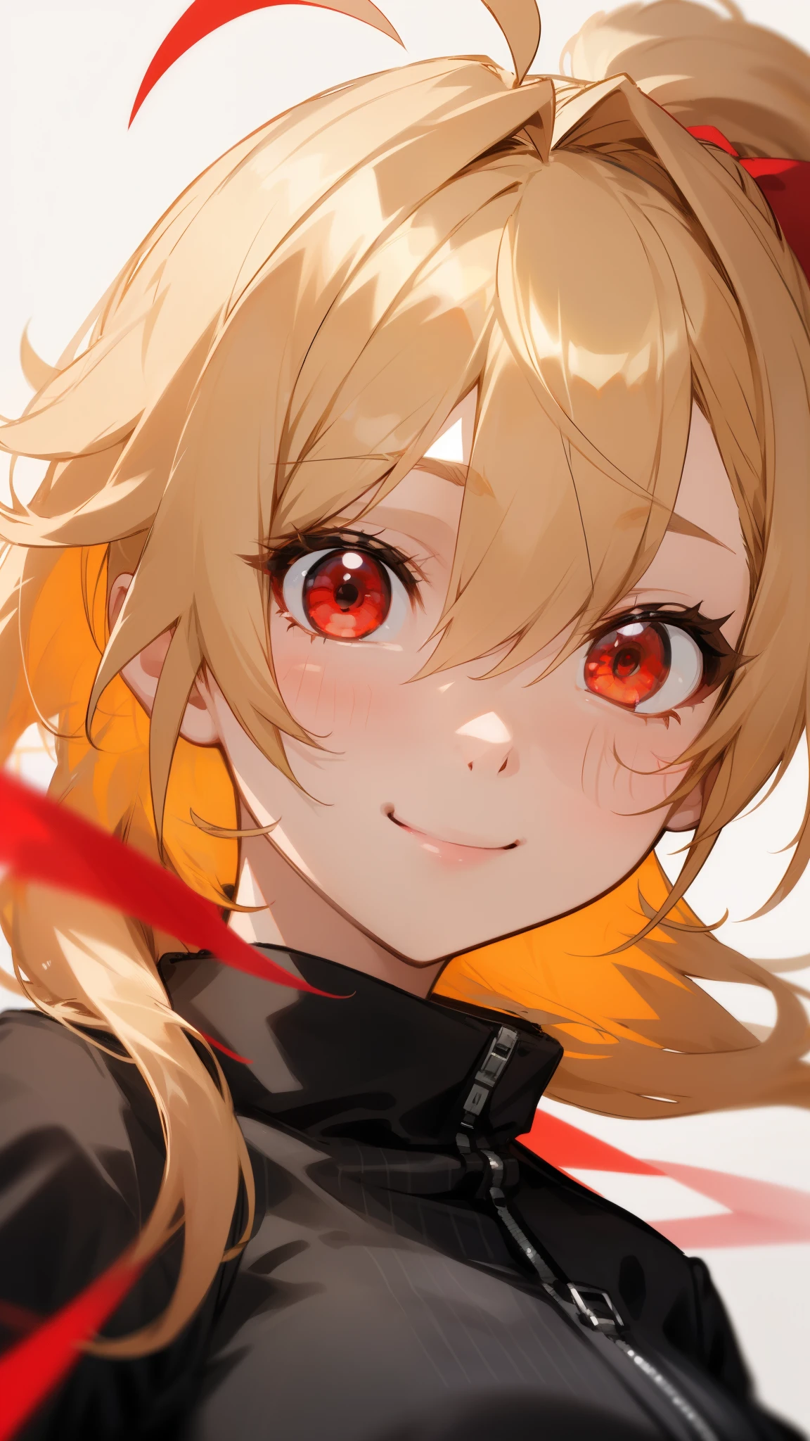 1 Girl、Shiny blonde hair、Ahoge、Ponytail、Red Eyes、Black shirt、Black jacket、smile、Upper body close-up、Red point color