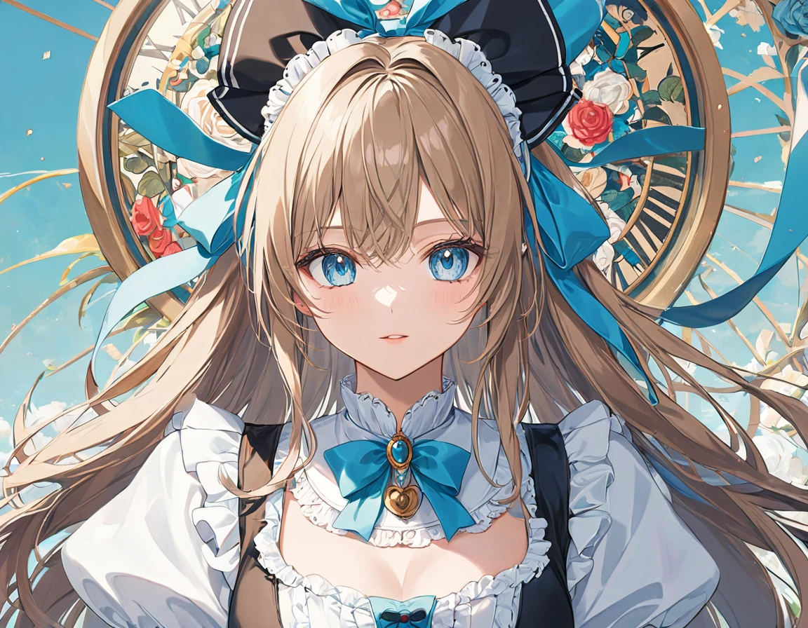 One huge breasted girl, masterpiece, The best quality at its best, 10, Detailed skin texture, High-quality fabric, Beautiful detailed face, Intricate details, Hyper Detailing, Alice in Wonderland, (She has a ribbon on her head.:1.1), Upper Body，（Graceful posture），（Without a doubt）