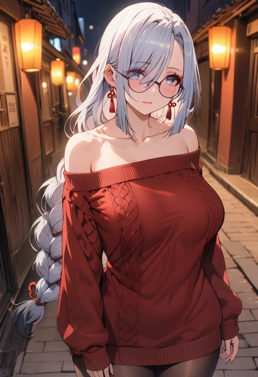 1 women, BREAK bare shoulders, collarbone, dress, long sleeves, off shoulder, off-shoulder dress, off-shoulder sweater, pantyhose, red sweater, sweater, sweater dress, thighs, long legs, big , skinny legs, anime cover, full body, shenhe, blue eyes, braided ponytail, earrings, eyelashes, eyeliner, eyes visible through hair, eyeshadow, hair between eyes, makeup, red eyeshadow, sidelocks, single earring, symbol-shaped pupils, tassel, tassel earrings, white hair, long hair, night , street, best quality, masterpiece), 1women ,4k, 8k, uhd, hdr, detailed background,mature female, wearing round glasses