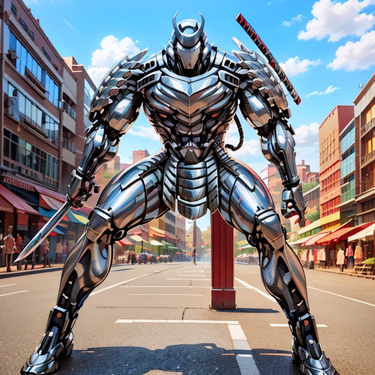 (silver samurai, 3D rendering), background city street center, clear HD, 8K resolution, very detailed, digital painting, concept art, Shinkai Makoto style, pop popularization trend, pop, pop trend on pixiv.