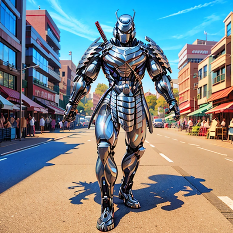 (silver samurai, 3D rendering), background city street center, clear HD, 8K resolution, very detailed, digital painting, concept art, Shinkai Makoto style, pop popularization trend, pop, pop trend on pixiv.