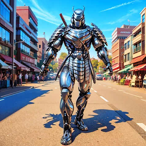 (silver samurai, 3d rendering), background city street center, clear hd, 8k resolution, very detailed, digital painting, concept...