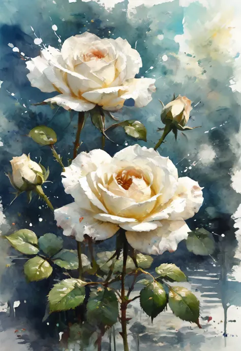 white rose painting with splattered background and spray paint effect、by eugene zak、watercolor art、károly lotz 作、watercolor、wate...