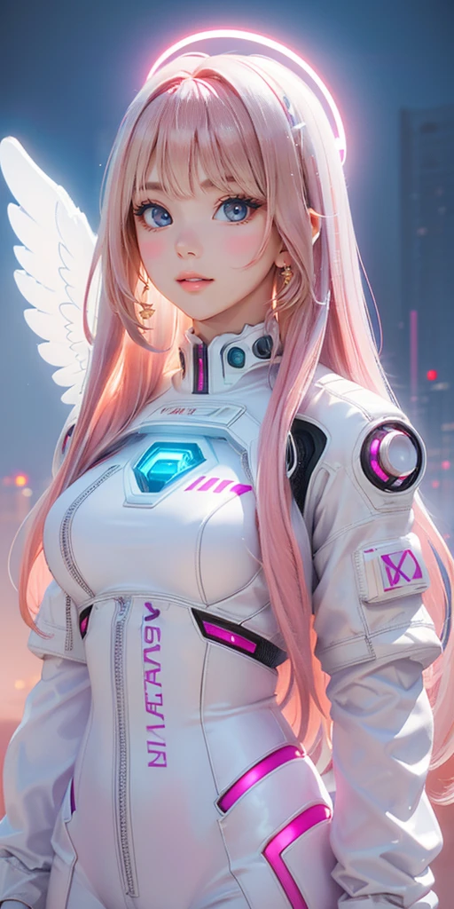 ((masterpiece, best quality, extremely detailed), volumetric lighting, ambient occlusion, colorful, glowing), 
1girl, solo, young girl, (pink hair), long hair, halo, aura, sacred, godness, cyber suit, (white outfit:1.3), android, bot, angel wings,
outdoors, sunset, sky, clouds, space, (cyberpunk theme:1.2),