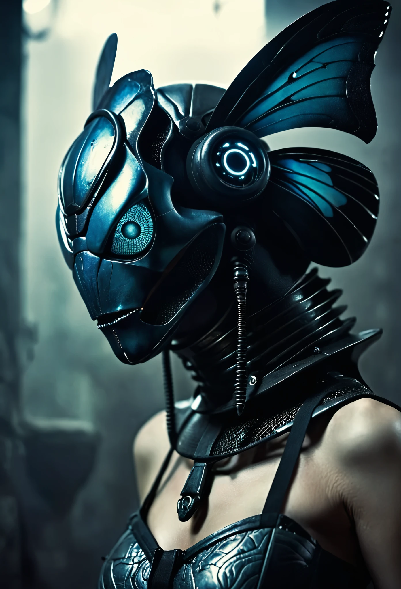 (horror insect face:1.3), gothic and horror elements, full-body android-cyborg girl (fantastic insect:1.4), (gothic fantasy style:1.3), strange, post-apocalyptic future, (detailed:1.2), eerie atmosphere, dark tones, (surreal:1.4), cinematic lighting, full body