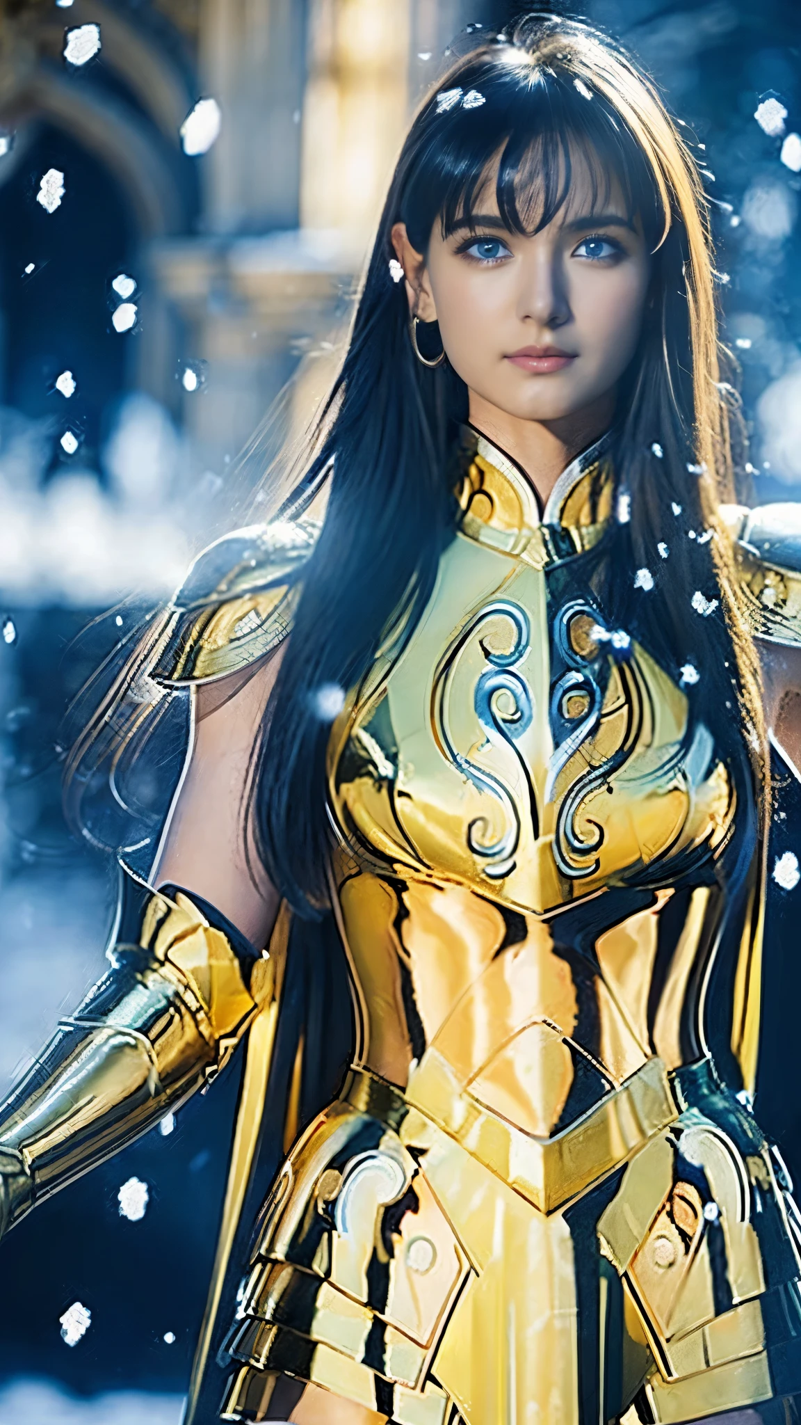 Beautiful young woman,Artwork. Incredibly detailed and hyper-realistic. High Resolution Saint Seiya Aquarius Camus,The perfect tool to capture the most delicate details of this 16k photographic masterpiece.. Portrait of a beautiful 1 girl.White (French). Look Down.A cold, beautiful and cold look. Serious expression. Beautiful eyes and nose, (Very large, expressive blue eyes). ((Bright petroleum blue hair)). ((Glossy hair with bangs)).  ((Shining golden armor)), Blue trousers. ((Extend your arms straight towards the camera)). Blue mantle.Background of crystallized snow falling on a Greek temple. Cinematic Light.A large, beautiful chest covered in golden armor,Aquarius Gold Saint、Covered entirely in golden armor、Holy knight in golden armor、Golden armor with ornate carvings covering the entire body、Heavy golden armor,Beautiful soft skin,Sexy figure