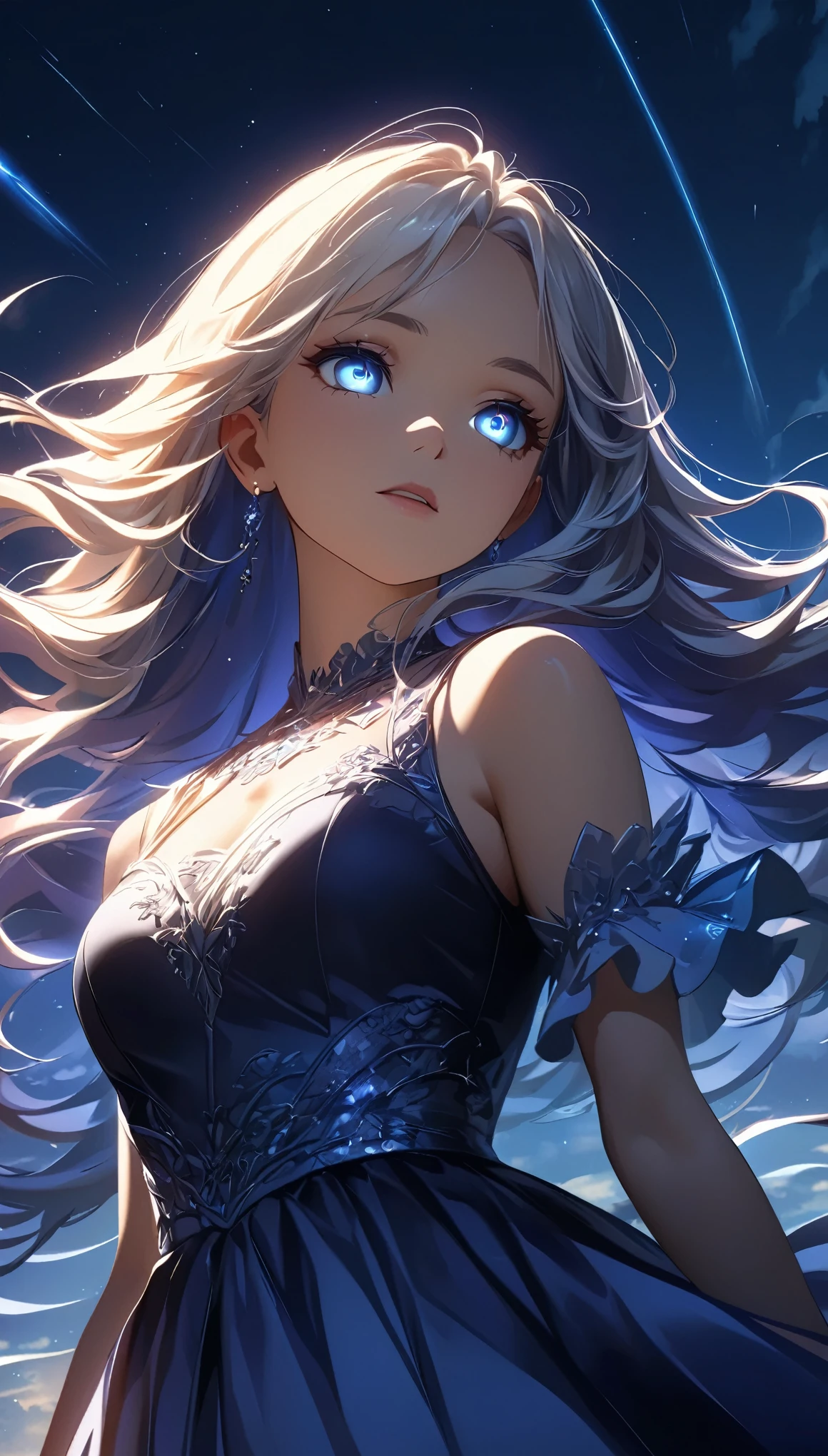 Meteor Showerを見上げる少女:1.2, Intricate details, Very detailed, Dramatic lighting, Shining Eyes, Detailed facial features, Flowing Hair, Glamorous Dress, Mysterious atmosphere, Meteor Shower, Night Sky, (Fluttering in the wind), Swoop, View from below, Fantasy, Dramatic lighting, Volumetric lighting, movie, Chiaroscuro, Dramatic Shadows, Moody, A calming color palette, Chiaroscuro, Blue Hour, (Best Quality:1.2, Very detailed, Anime Style, Detailed CG illustration, Ultra-high resolution, High Contrast, masterpiece:1.2, Best aesthetics).