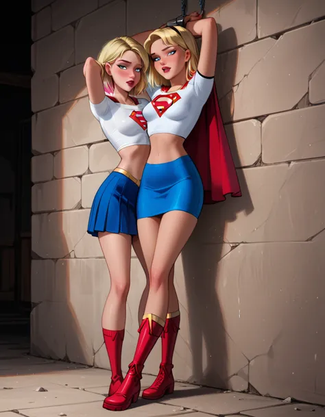 score_9, score_8_up, score_7_up, dcaustyle, cinematic film still, duo, 2girls, (supergirl, blonde, tight white tshirt, short sle...