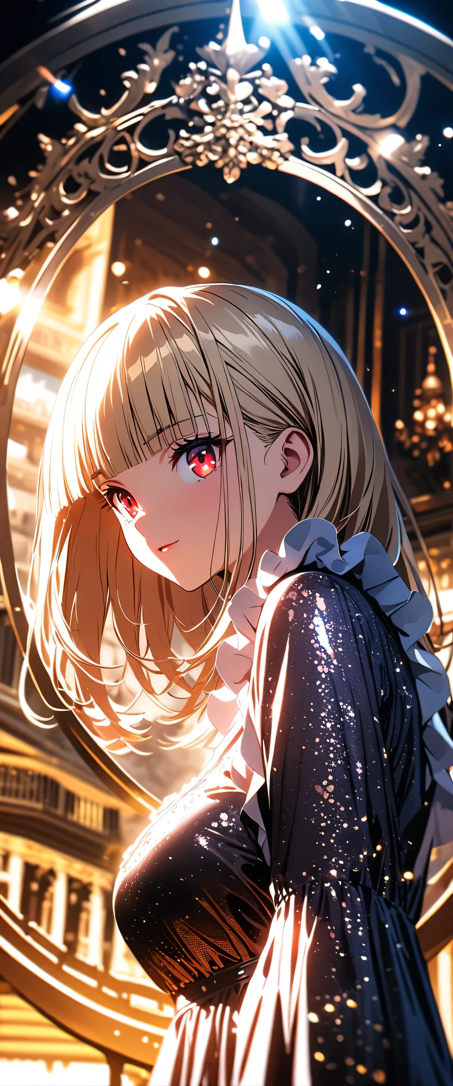 (beautiful girl: 1.3),1girl,masterpiece, Highest quality, Ultra-high resolution,rich contrast,super high quality,8k,Highly detailed CG unit wallpaper,texture,Incredibly absurd,Ultra-high resolution,RAW Photos,Highest quality anime,Depth of Field 1.2,(Blonde Hair,blunt bangs,),Ultra-detailed eyes,Red Eyes,Glowing Skin,Glitter effect,Beautiful glossy lips,(Frill dress:1.3),royal palace,Ball,Large Breasts,Open chest,Big Round Ass,A light smile,((BallでWaltzを踊る)),(from behind:1.8),(Gazing-into-the-Distance:1.3)