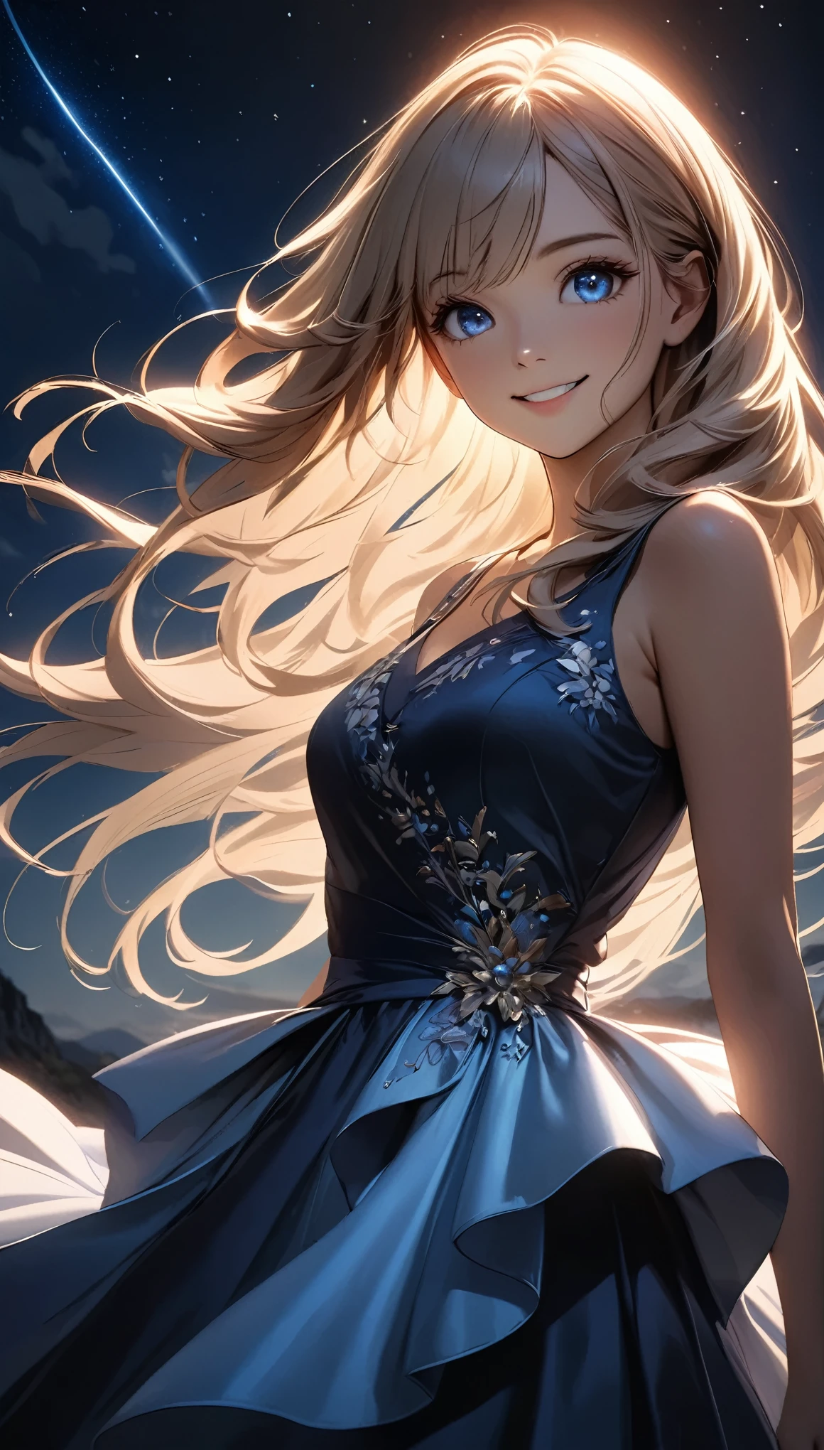 Meteor Showerを見上げる少女:1.2, Intricate details, Very detailed, Dramatic lighting, Shining Eyes, Detailed facial features, Flowing Hair, Glamorous Dress, Mysterious atmosphere, smile:1.2, Meteor Shower, Night Sky, (Fluttering in the wind), Swoop, View from below, Fantasy, Dramatic lighting, Volumetric lighting, movie, Chiaroscuro, Dramatic Shadows, Moody, A calming color palette, Chiaroscuro, Blue Hour, (Best Quality:1.2, Very detailed, Realistic, フォトRealistic:1.4, Ultra-high resolution, High Contrast, masterpiece:1.2, Best aesthetics).